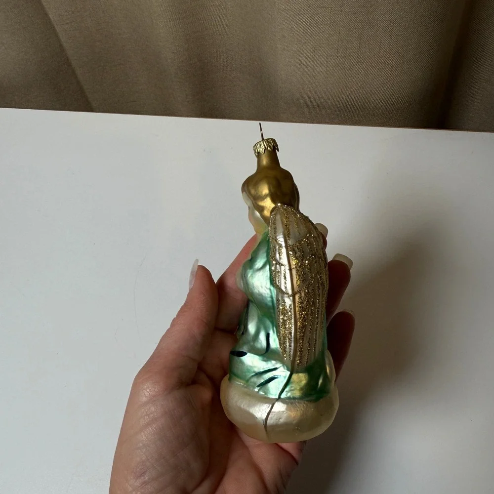 Praying Angel Glass Christmas Ornament Gold Green‎ Glitter Wings Vintage Style